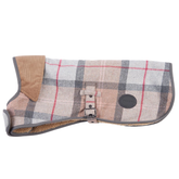 Plaid patterned dog coat with brown trim on a white background